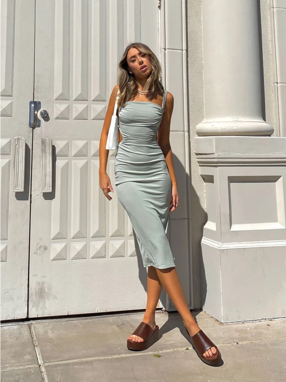 Princess Polly Sage Green Ruched Bodycon Midi Dress